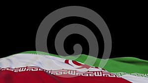 Iran fabric flag waving on the wind loop. Iran embroidery stiched cloth banner swaying on the breeze. Half-filled black background