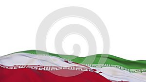 Iran fabric flag waving on the wind loop. Iran embroidery stiched cloth banner swaying on the breeze. Half-filled white background