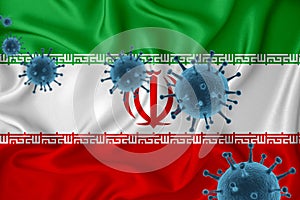 Iran flag. Blue viral cells, pandemic influenza virus epidemic infection, coronavirus, infection concept. 3d-rendering