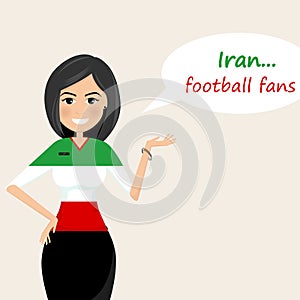 Iran football fans.Cheerful soccer fans, sports images.Young woman,Pretty girl sign.Happy fans are cheering for their