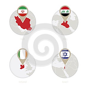 Iran, Iraq, Ireland, Israel map and flag in circle
