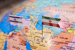 Iran and Israel flags on geopolitic map. Iran and Israel war conflict