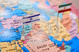 Iran and Israel flags on geopolitic map. Iran and Israel war conflict