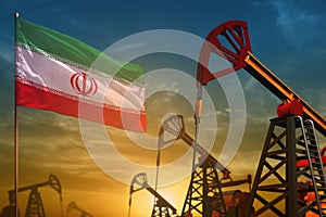 Iran oil industry concept. Industrial illustration - Iran flag and oil wells against the blue and yellow sunset sky background - 3