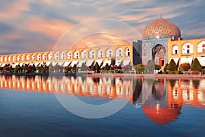 Iran. Persia. Isfahan. Dome of Sheikh Lotfollah Mosque at Naqsh-e Jahan square in Isfahan at sunset.