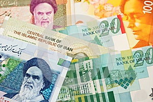 Iran Rial and Israel Shekel currency banknotes. IRR ILS photo