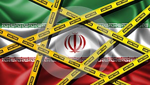 Iran Sanctions Concept. Yellow Tape with Sanctions Sign Against of Iran.