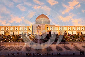 Iran. Sheikh Lotfollah Mosque at Naqsh-e Jahan square in Isfahan against sunset. 17th century