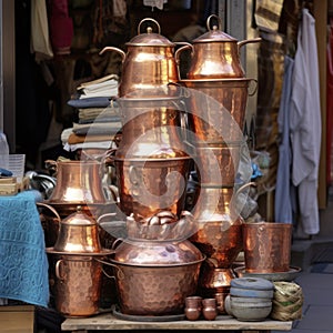 iran stack of copper kettles outside store