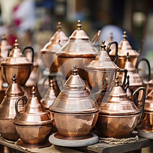 iran stack of copper kettles outside store