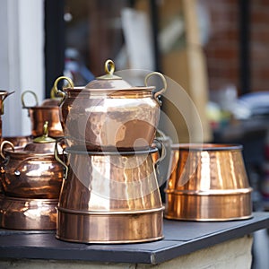 iran stack of copper kettles outside store