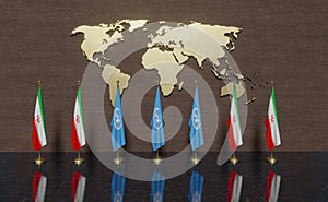 Iran and United Nations Summit, Iran Flag, United Nations Flag on United Nations Summit, 3D work and 3D illustration