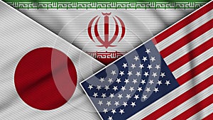 Iran United States of America Japan Flags Together Fabric Texture Illustration