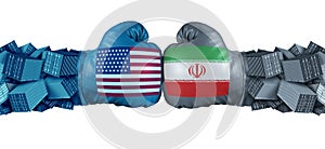 Iran United States or USA economic sanctions conflict with two opposing trade partners as import and exports dispute concept with