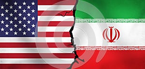 Iran Vs US Conflict Representation with Flags and crack in between them. Modern abstract war