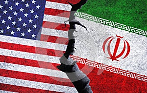 Iran vs USA concept flags on a wall with a crack