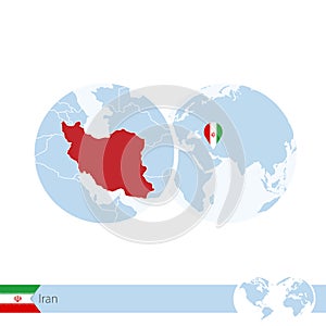 Iran on world globe with flag and regional map of Iran