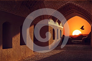 Iran. Yazd. Towers of silence. Sunset and bird on the background of traditional architecture.