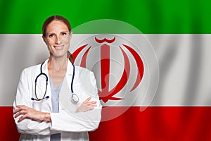 Irani general practitioner doctor gp on the flag of Iran photo