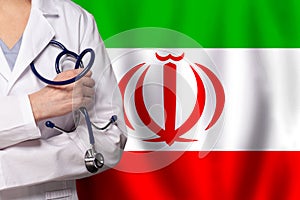 Irani medicine and healthcare concept. Doctor close up against flag of Iran background photo