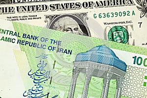 Iranian 10000 Rial Note With American One Dollar Bill