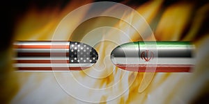 Iranian and American flags on bullets, fire flames background. 3d illustration