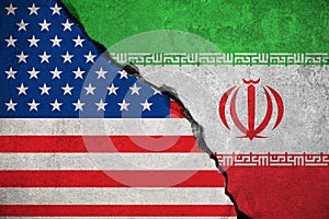 iranian flag on broken wall and half usa united states of america flag, crisis trump president and iran for nuclear atomic risk w