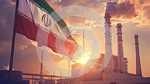 Iranian flag flying amidst industrial landscape: concept of Iran\'s nuclear program