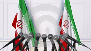 Iranian official press conference. Flags of Iran and microphones. Conceptual animation