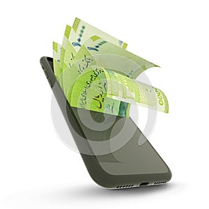 Iranian rial notes inside a mobile phone isolated on white background