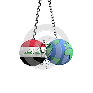 Iraq flag ball hits planet earth. Environmental impact concept. 3D Render