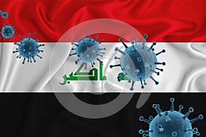 Iraq flag. Blue viral cells, pandemic influenza virus epidemic infection, coronavirus, infection concept. 3d-rendering