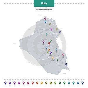 Iraq map with location pointer marks.