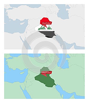 Iraq map with pin of country capital. Two types of Iraq map with neighboring countries