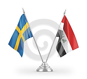 Iraq and Sweden table flags isolated on white 3D rendering