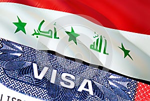 Iraq Visa Document, with Iraq flag in background. Iraq flag with Close up text VISA on USA visa stamp in passport,3D rendering.