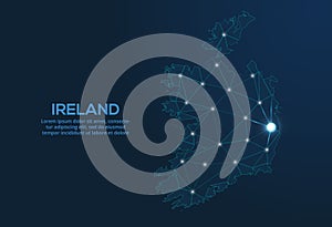 Ireland communication network map. Vector low poly image of a global map with lights in the form of cities. Map in the form of a