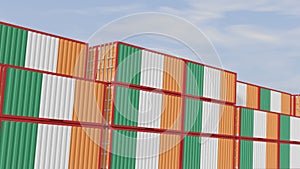 Ireland flag containers are located at the container terminal. Concept for Ireland import and export 3D