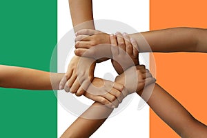 Ireland flag, intergration of a multicultural group of young people