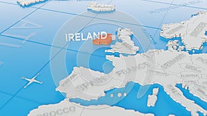 Ireland highlighted on a white simplified 3D world map. Digital 3D render