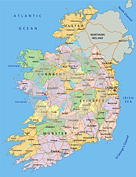 Ireland - Highly detailed editable political map with labeling.