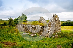 Ireland landscape. Magical Irish hills. Green island with sheep and cows on cloudy foggy day. Northern Ireland, County