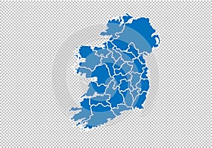 Ireland map - High detailed blue map with counties/regions/states of ireland. nepal map isolated on transparent background