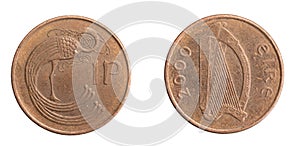 Ireland one penny coin on a white isolated background