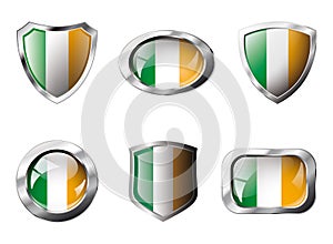 Ireland set shiny buttons and shields of flag