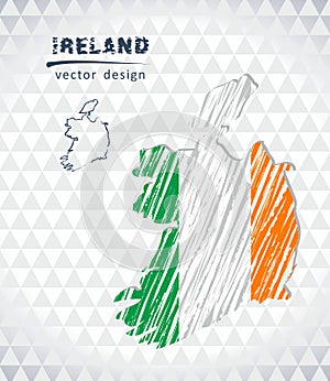Ireland vector map with flag inside isolated on a white background. Sketch chalk hand drawn illustration