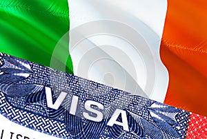 Ireland Visa Document, with Ireland flag in background. Ireland flag with Close up text VISA on USA visa stamp in passport,3D