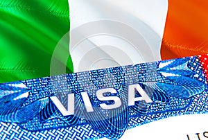 Ireland Visa. Travel to Ireland focusing on word VISA, 3D rendering. Ireland immigrate concept with visa in passport. Ireland