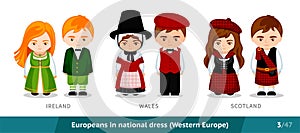 Ireland, Wales, Scotland. Men and women in national dress. Set of european people wearing ethnic traditional costume