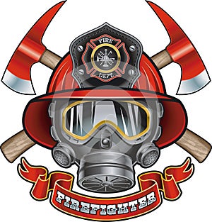 Ireman helmet, gas mask, crossed axes and text firefighter